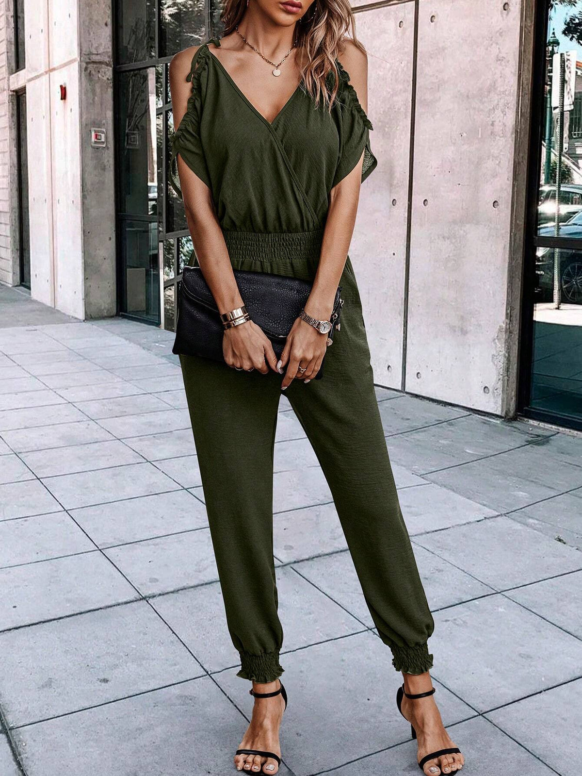 Women'S Cold Shoulder Shirred Waist Jumpsuit