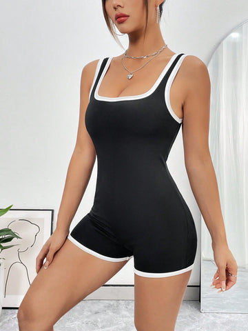 Women'S Colorblock Edging Sleeveless Bodysuit With Tight Shorts