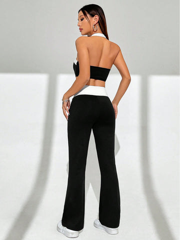 Women'S Colorblock Halterneck Two Piece Set