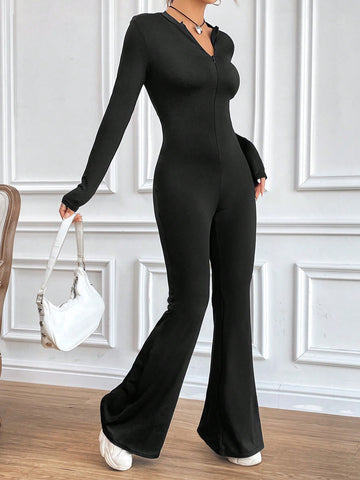 Women'S Deep V-Neck Long Sleeve Jumpsuit