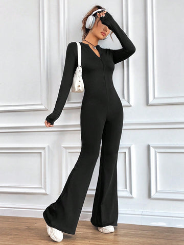 Women'S Deep V-Neck Long Sleeve Jumpsuit