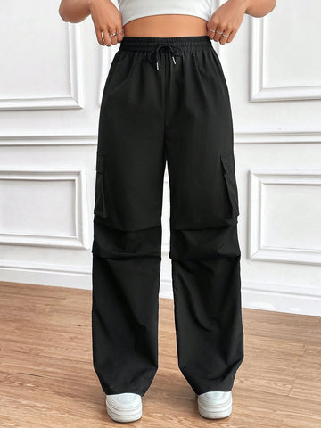 Women'S Drawstring Wrinkle Design Cargo Pants