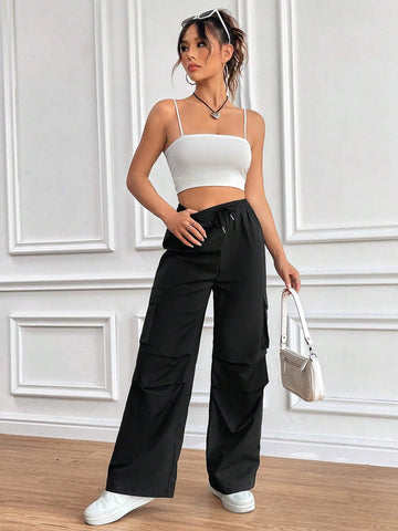 Women'S Drawstring Wrinkle Design Cargo Pants