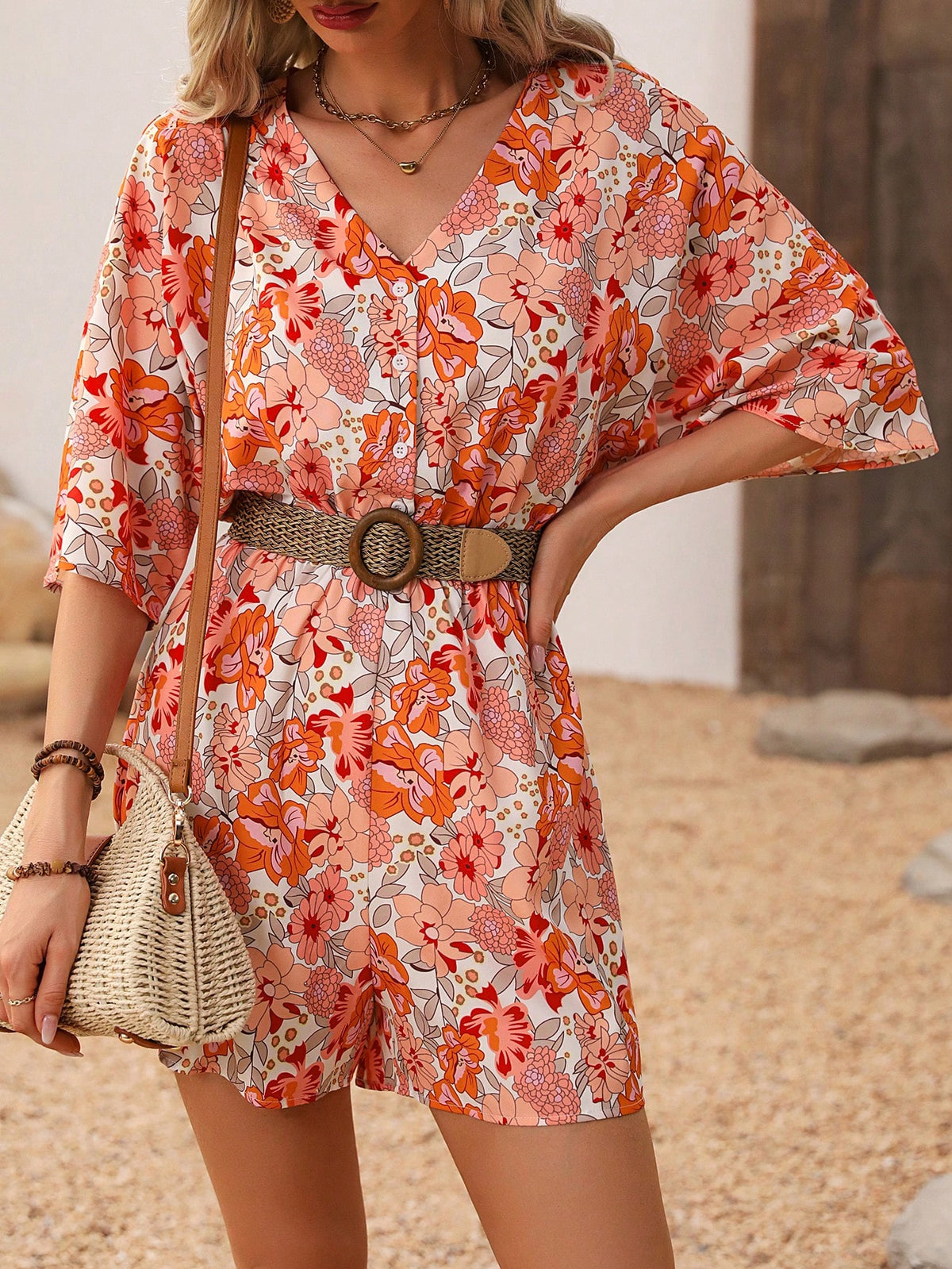 Women'S Floral Printed Batwing Sleeve Jumpsuit