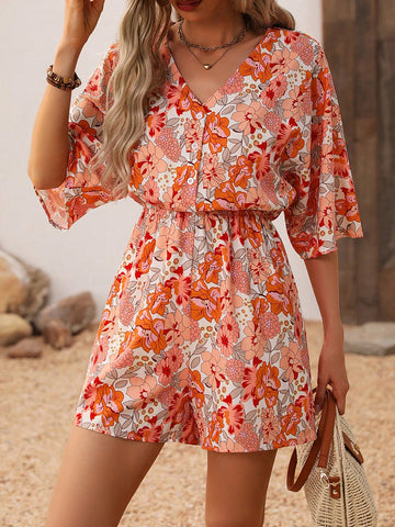 Women'S Floral Printed Batwing Sleeve Jumpsuit