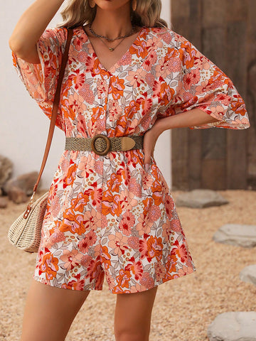 Women'S Floral Printed Batwing Sleeve Jumpsuit