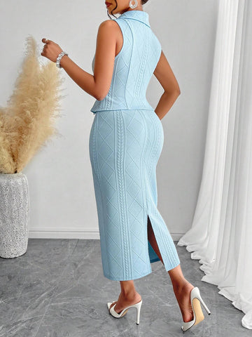 Women'S Frenchy Elegant Lapel Collar Sleeveless Front Button Suit Vest & Skirts Set Two Piece With Jacquard Texture (Random Pattern)
