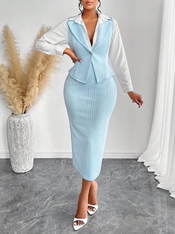 Women'S Frenchy Elegant Lapel Collar Sleeveless Front Button Suit Vest & Skirts Set Two Piece With Jacquard Texture (Random Pattern)