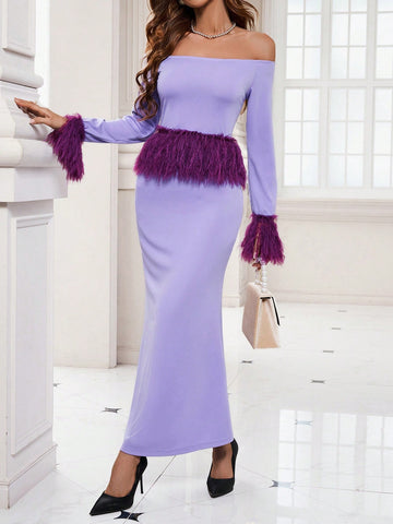 Women'S Fur Patchwork One Shoulder Top And Skirt Set