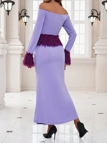 Women'S Fur Patchwork One Shoulder Top And Skirt Set