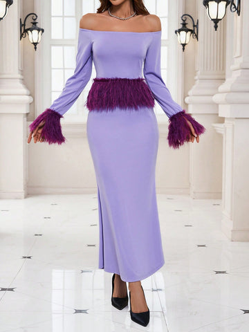 Women'S Fur Patchwork One Shoulder Top And Skirt Set