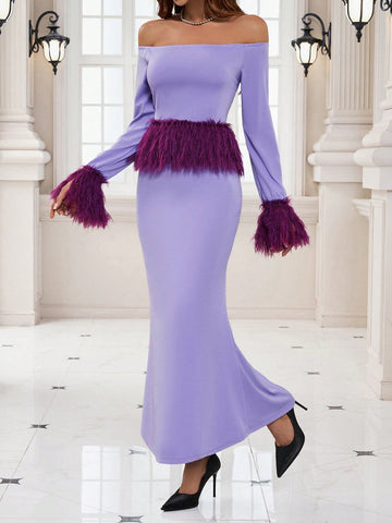 Women'S Fur Patchwork One Shoulder Top And Skirt Set