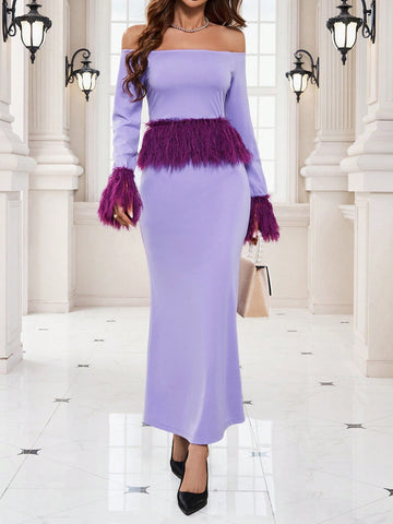 Women'S Fur Patchwork One Shoulder Top And Skirt Set