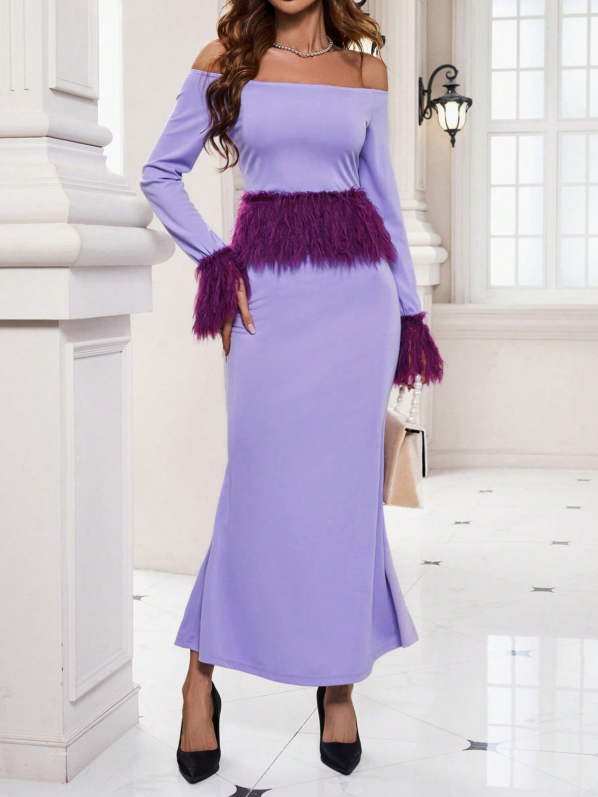 Women'S Fur Patchwork One Shoulder Top And Skirt Set