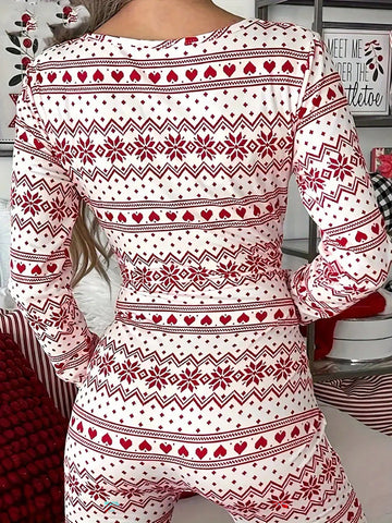 Women'S Geometric Heart Printed Romper With Notched Neckline