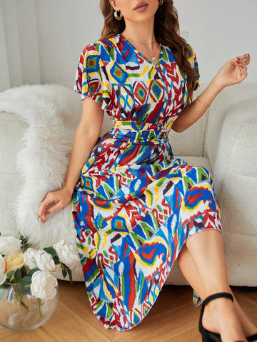 Women'S Geometric Print Butterfly Sleeve Dress