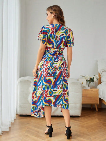 Women'S Geometric Print Butterfly Sleeve Dress