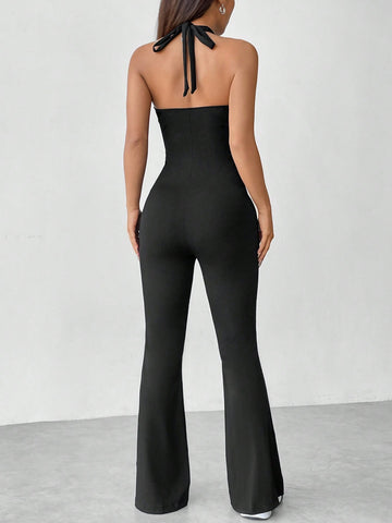 Women'S Halter Neck Backless Flare Jumpsuit