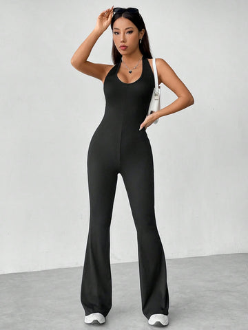 Women'S Halter Neck Backless Flare Jumpsuit