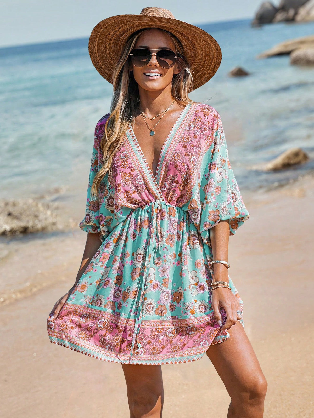 Women'S Lantern Sleeve Floral Print Dress