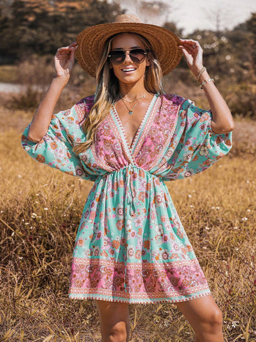 Women'S Lantern Sleeve Floral Print Dress