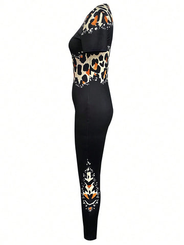 Women'S Leopard-Print Zipper Front Bodysuit