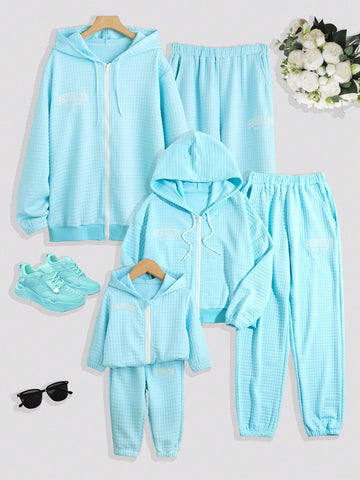 Women'S Letter Embroidered Waffle Grid Sweatshirt And Sweatpants Set