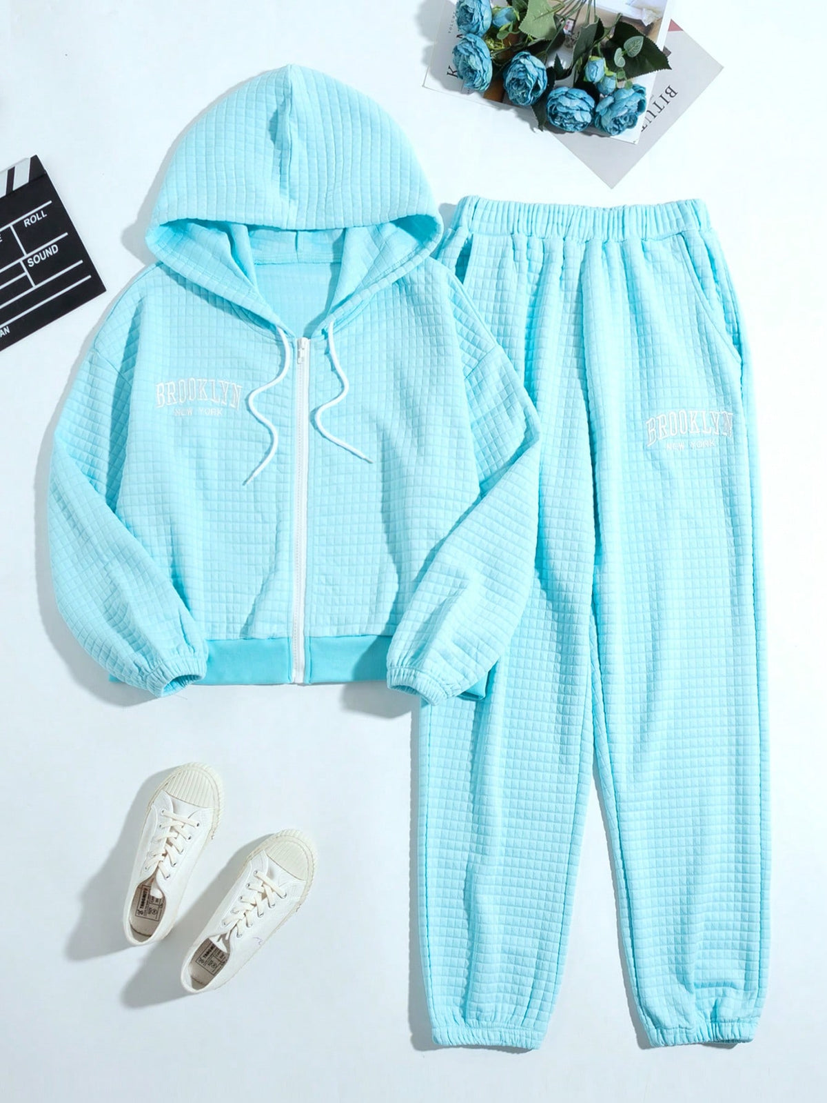 Women'S Letter Embroidered Waffle Grid Sweatshirt And Sweatpants Set