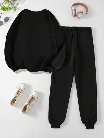 Women'S Letter Pattern Drop Shoulder Sweatshirt And Sweatpants Set