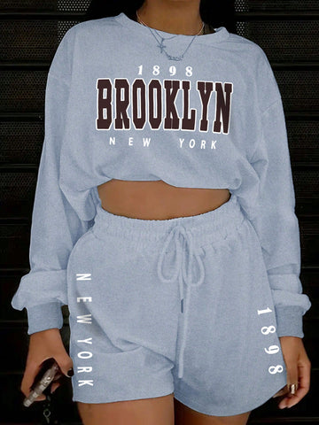 Women'S Letter Print Drop Shoulder Sweatshirt And Shorts Set
