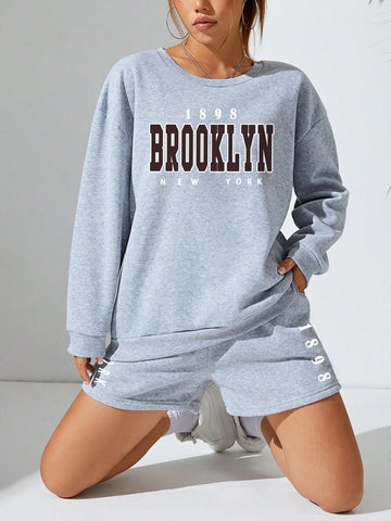 Women'S Letter Print Drop Shoulder Sweatshirt And Shorts Set