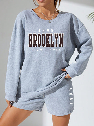 Women'S Letter Print Drop Shoulder Sweatshirt And Shorts Set