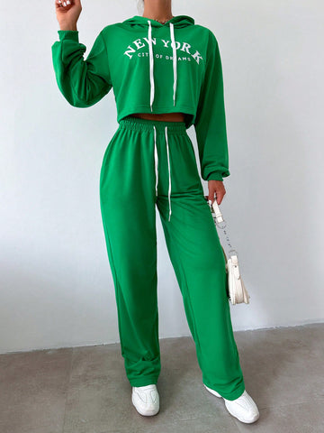 Women'S Letter Print Hoodie And Sweatpants Tracksuit Set