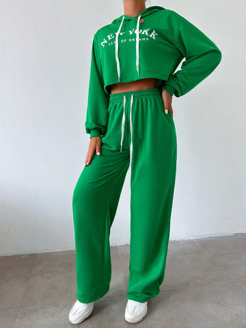 Women'S Letter Print Hoodie And Sweatpants Tracksuit Set