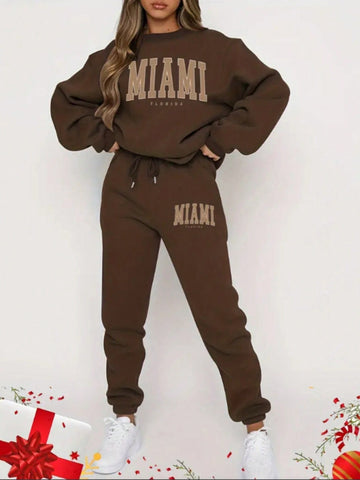 Women'S Letter Printed Drop Shoulder Fleece Sweatshirt And Sweatpants Set