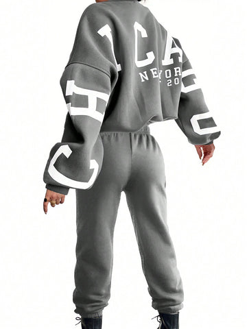 Women'S Letter Printed Drop Shoulder Long Sleeve Sweatshirt And Jogger Pants Set