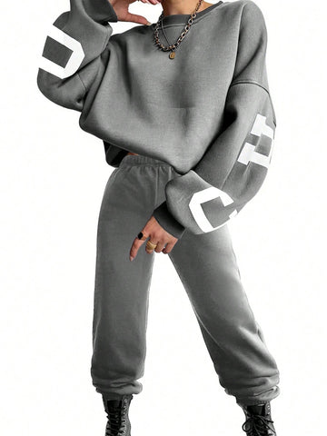 Women'S Letter Printed Drop Shoulder Long Sleeve Sweatshirt And Jogger Pants Set