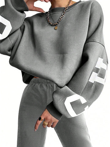 Women'S Letter Printed Drop Shoulder Long Sleeve Sweatshirt And Jogger Pants Set