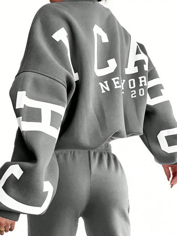 Women'S Letter Printed Drop Shoulder Long Sleeve Sweatshirt And Jogger Pants Set
