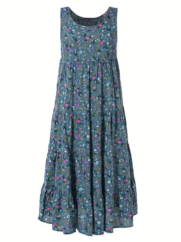 Women'S Loose Fit Plant Print Sleeveless Round Neck Dress