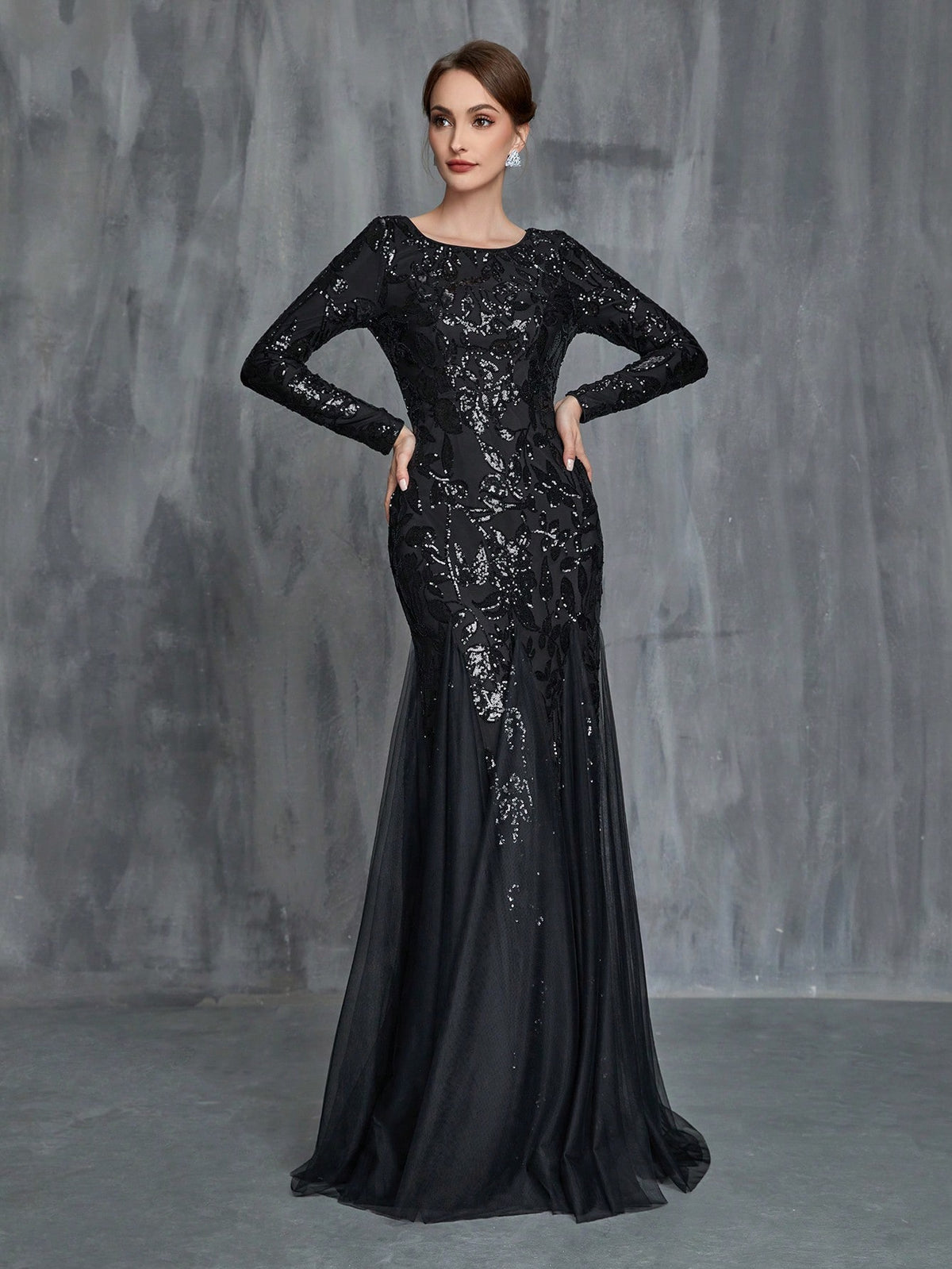 Women'S Mermaid Hem Contrast Mesh Sequin Formal Dress