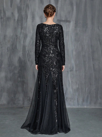 Women'S Mermaid Hem Contrast Mesh Sequin Formal Dress