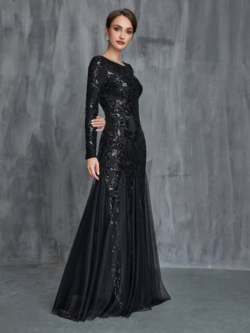 Women'S Mermaid Hem Contrast Mesh Sequin Formal Dress