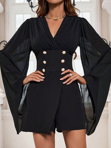 Women'S Mesh Flare Sleeve Bodycon Romper