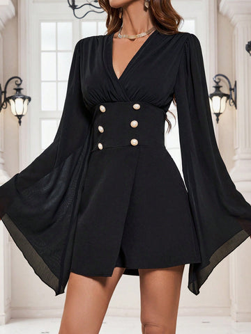 Women'S Mesh Flare Sleeve Bodycon Romper