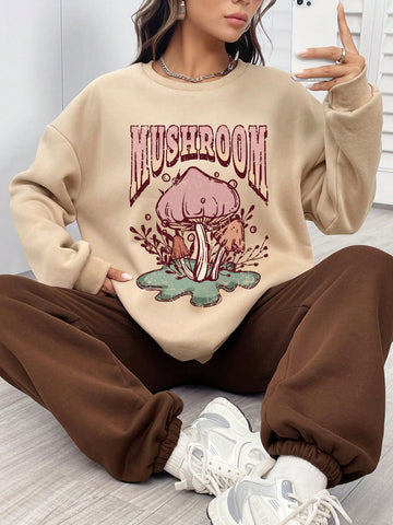 Women'S Mushroom & Letter Print Sweatshirt And Sweatpants Set