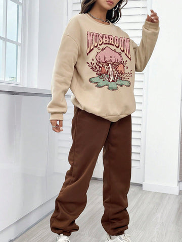 Women'S Mushroom & Letter Print Sweatshirt And Sweatpants Set
