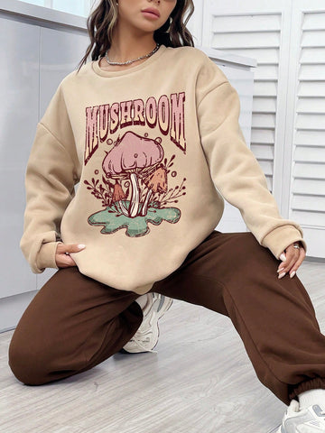 Women'S Mushroom & Letter Print Sweatshirt And Sweatpants Set