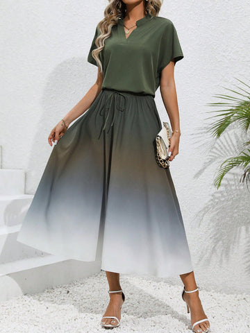 Women'S Notch V-Neck Short Sleeve Shirt And Ombre Skirt Two Piece Set