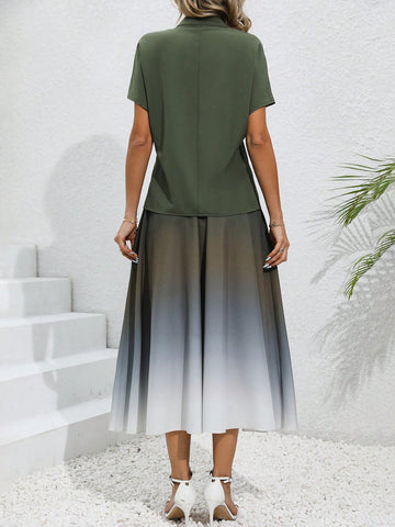 Women'S Notch V-Neck Short Sleeve Shirt And Ombre Skirt Two Piece Set